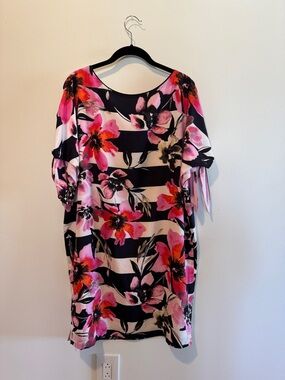 Vince Camuto Pink, White & Black Floral and Stripe Dress